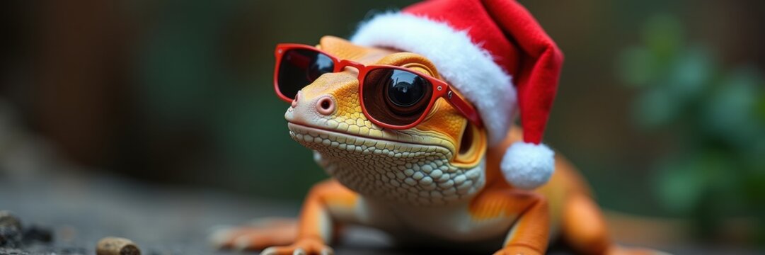 A whimsical gecko dressed for the holidays, sporting sunglasses and a Santa hat, perfect for festive marketing campaigns or fun seasonal graphics.