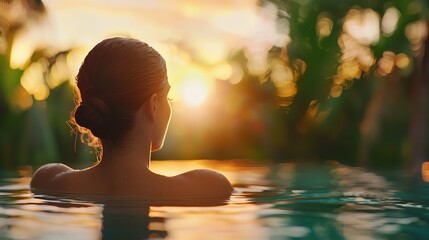 A serene moment of relaxation as a woman enjoys a sunset swim in a tranquil pool surrounded by lush greenery.