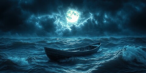 Solitary Vessel on a Moonlit Tempestuous Sea
