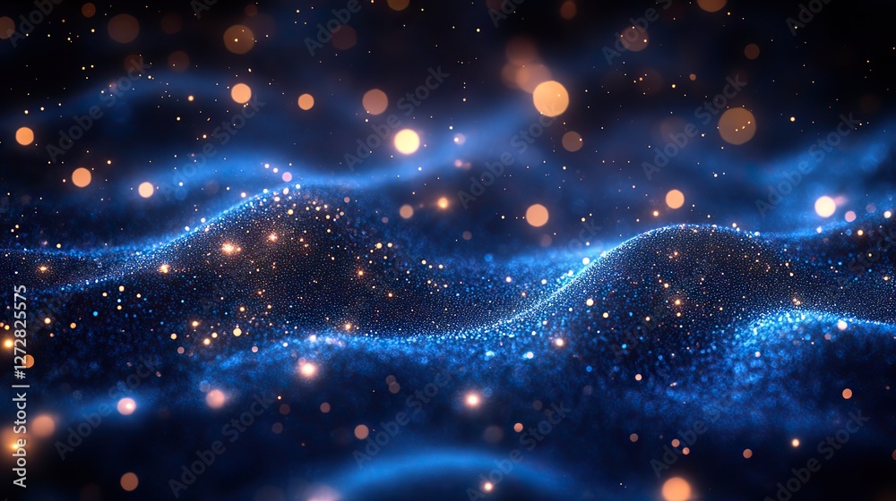 Wall mural bright blurred abstract blue bokeh lights on dark background creating a soft backdrop for elegant de