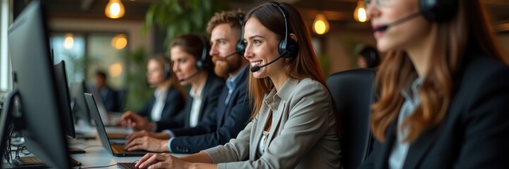 Dynamic call center team engaging with clients, showcasing professionalism and teamwork in a modern workspace.