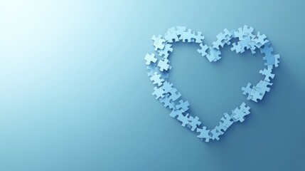 Heart shape made of blue puzzle pieces on gradient blue background