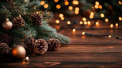 Christmas tree with pine cones small bird and decorations on a wooden table for holiday theme