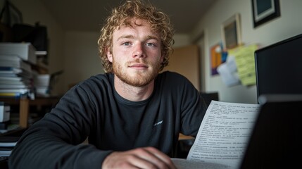 Fototapeta premium Young man studying at desk, cluttered room