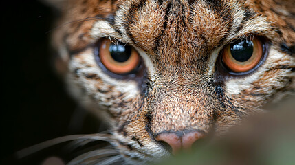 Close-up of bobcat eyes, peering from foliage