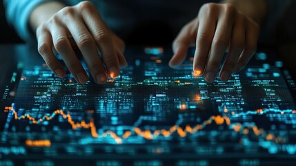 Obraz premium business analyst examining financial data,stock market trends on blue graphs,charts