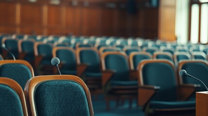 Empty congress hall with rows of vintage seats and microphones, awaiting a political event. 
