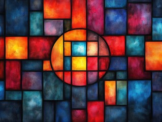 Abstract stained glass window with vibrant colors and geometric patterns. Perfect for backgrounds, websites, or designs needing a modern, artistic feel.