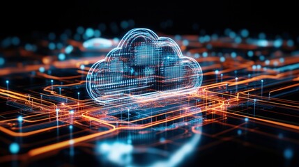 Cloud computing concept with circuit board and digital data center technology visualization