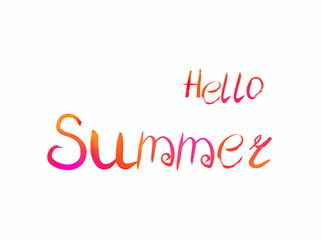Hello Summer, red pink colors, brush strokes. Hand drawn lettering for sunmmer design, isolated on white background