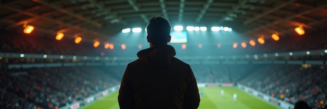 A lone spectator gazes at a vibrant soccer match in a packed stadium, capturing the excitement and energy of live sports events.