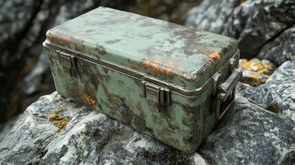 Rusty Green Toolbox on Rocky Surface in Natural Environment