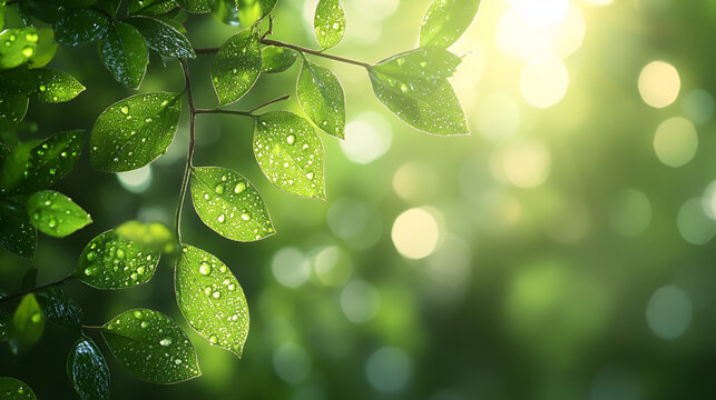 Lush green leaves with water droplets, soft bokeh, natural light, dreamy forest