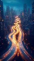 Steel and Light Merging Into a Digital Dream glowing threads of energy cutting through the silent streets