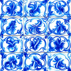 Ornate Blue and White Floral Tile Pattern Decorative Old World Ceramic Art Design Background.