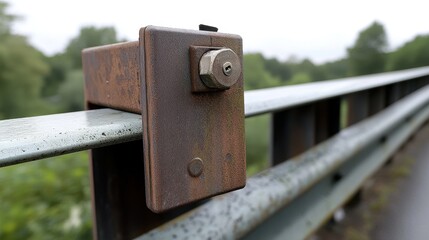 Rusty Padlock on a Metal Barrier Rail near Tranquil Green Landscape