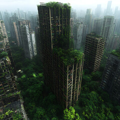 Overgrown Cityscape Ruins Nature Reclaiming Urban Post Apocalyptic Ecological Restoration Concept.