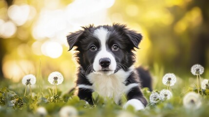 Fototapeta premium Adorable Border Collie Puppy Surrounded by Dandelions in Nature