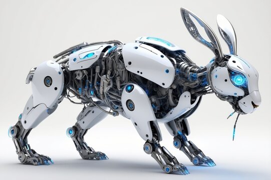 Robotic rabbit, futuristic design, white and blue, mechanical animal.