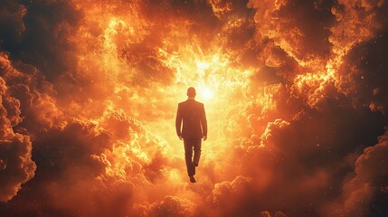 Fototapeta premium businessman falling from sky surrounded by dramatic sunlit clouds representing career challenges overcoming obstacles,the journey of professional resilience