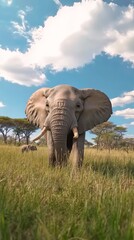 Majestic elephant wandering in the african savanna under blue sky