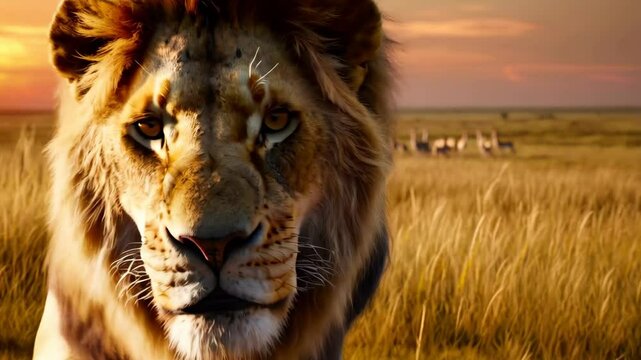 Powerful male lion prowling through savanna grasslands, gazelle herd grazing near distant horizon, during golden hour.