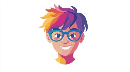 Vibrant Portrait of a Smiling Young Person with Colorful Hair and Glasses
