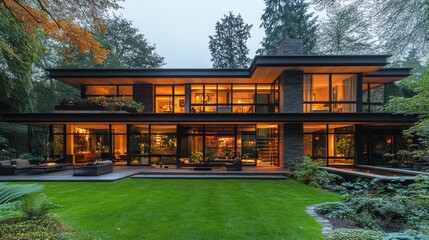 Fototapeta premium Modern, illuminated house at twilight, nestled in lush greenery. Perfect for real estate, architecture, or luxury lifestyle projects.