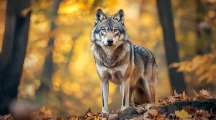 Obraz premium Majestic gray wolf in autumn forest with golden leaves