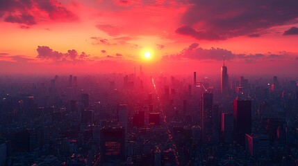 Fototapeta premium Futuristic city sunset aerial view
