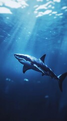 Fototapeta premium Majestic great white shark gliding through sunlit ocean depths