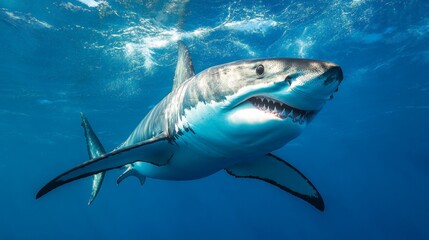 Fototapeta premium Majestic great white shark swimming underwater in clear blue ocean