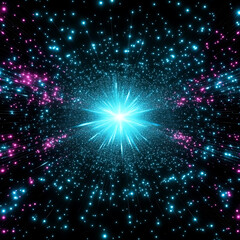Obraz premium Radiant Starburst in a Cosmos of Glowing Particles and Magenta Nebulas Against a Void Backdrop.