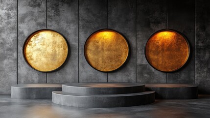 Dark grey concrete podium with three backlit gold circles. Perfect for product display or minimalist design.