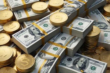 Fototapeta premium Stacks of hundred dollar bills and gold coins.