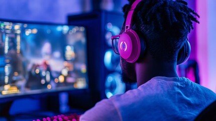 Gamer in Headphones Engaged in Online Gameplay in Colorful Room