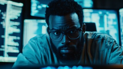 Focused African American Male Programmer Working with Technology Screens