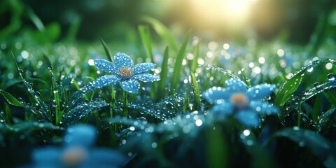 Dew-Kissed Blue Flowers in a Lush Meadow at Dawn