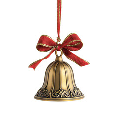 Gold Christmas bell with red ribbon hanging ornament,