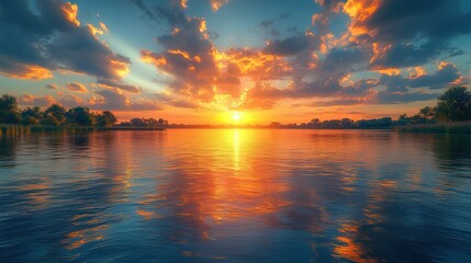 Obraz premium callous bashful faithful river with sparkling crisp radiant reflections sunset over the river sunset at the river sunset over the lake