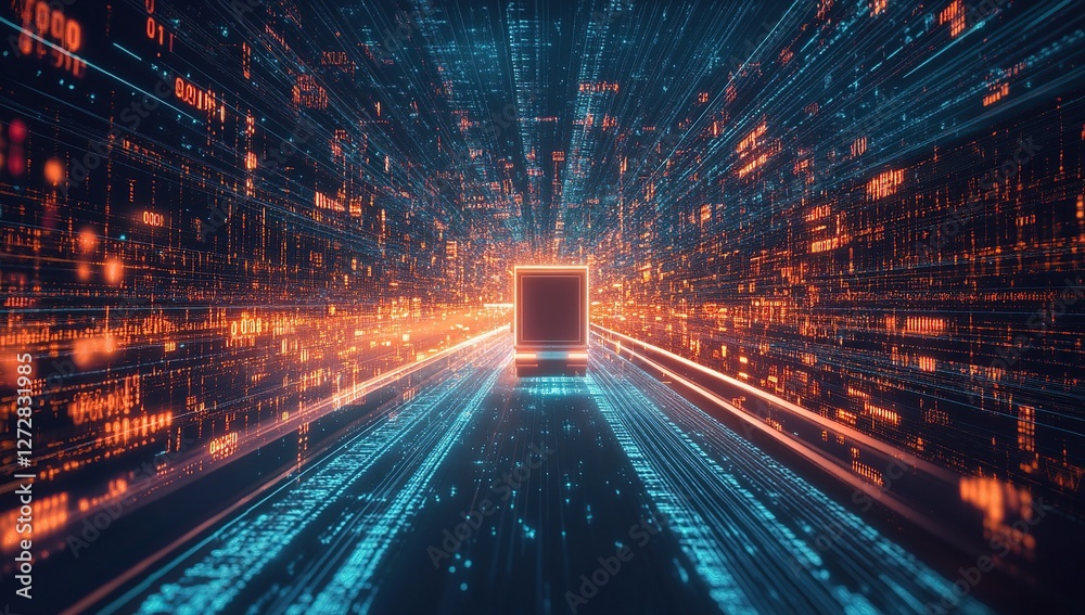 Poster digital data streams flowing through a futuristic corridor of light and code, representing rapid dat