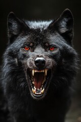 Fierce Black Wolf Baring Teeth with Intense Red Eyes in Focus