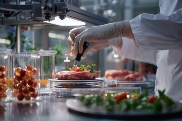 Innovative culinary techniques for alternative food production futuristic food lab professional kitchen environment high-angle view emphasizing sustainable food solutions