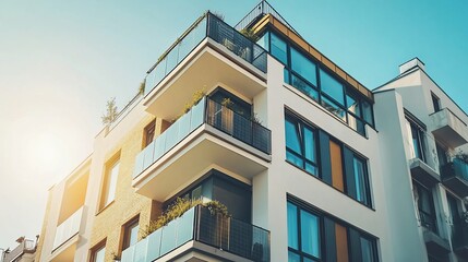 Obraz premium Modern apartment building with balconies and large windows under sunlight.