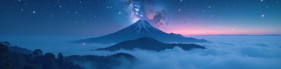 Fototapeta premium mountain peak shrouded in mist and fog under a starry sky, peaceful ambiance, , serene