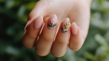 Fototapeta premium Womans hand with pink manicure surrounded by green leaves in studio lighting for natural aesthetic