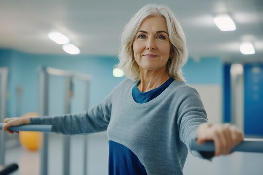 Physical Therapy Center: Portrait of Strong Senior Woman with Leg Injury Successfully Walks Holding Parallel Bars. Physiotherapist, Rehabilitation Doctor, Trauma Prevention Therapy Hospital.