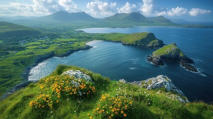 Obraz premium captivating scenery of ring of kerry ireland majestic landscapes coastal beauty view from the top of mountain
