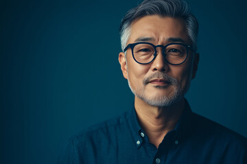 Fototapeta premium portrait of a middle age korean man wearing Dark blue glasses, studio lighting. Mustard, blue and yellow style
