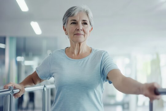 Physical Therapy Center: Portrait of Strong Senior Woman with Leg Injury Successfully Walks Holding Parallel Bars. Physiotherapist, Rehabilitation Doctor, Trauma Prevention Therapy Hospital.